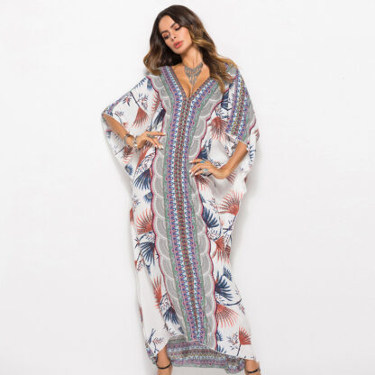 Купить New Printed Bohemian Women Maxi Dress Batwing Sleeve Holiday Beach Wear Fashion Muslim Abaya Dubai Moroccan Kaftan Robe Vestidos