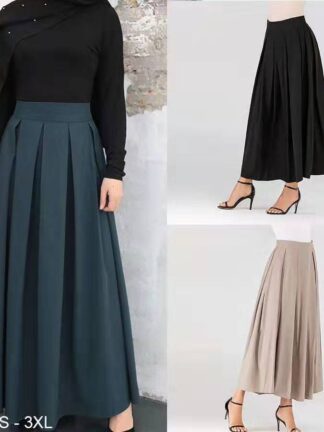 Купить High Waist Pleated Skirt Women Muslim Fashion Ankle-length Solid Color Skirts Ladies Elegant Arab Islamic Cothing 2021 Plus Size