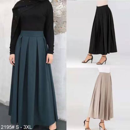 Купить High Waist Pleated Skirt Women Muslim Fashion Ankle-length Solid Color Skirts Ladies Elegant Arab Islamic Cothing 2021 Plus Size