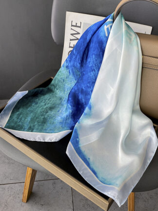 Купить Blue Sea Oil Painting Gradient Letter Simplicity Summer Thin 70cm Medium Kerchief Artificial Silk Scarf Womens Scarf
