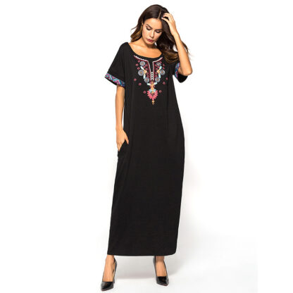 Купить Muslim Abaya Dress Women Cotton Embroidery Short Sleeve Ramadan Islamic Clohing Casual Maxi Vestidos Moroccan Kaftan Musulman