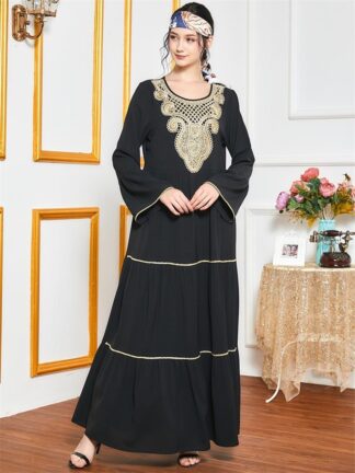 Купить Muslim Abaya Dress Women Vintage Ethnic Golden Embroidered Maxi Dresses Modest Arabic Mroccan Kaftan Isalmic Clothing Autumn