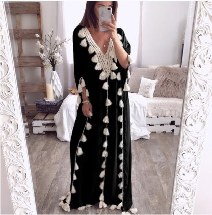 Купить Dubai Turkey Muslim Abaya Dress Women Boho Summer Tassel Moroccan Kaftan Sundress Islamic Clothing Plus Size Ropa Long Robes