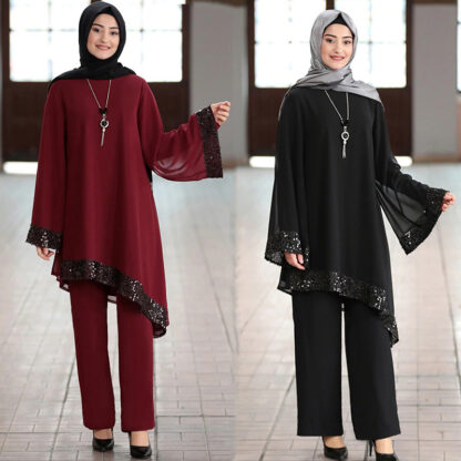 Купить 2 Piece Set Muslim Women KALENMOS Chiffon Blouse Wide Leg Pants Asymmetry Abaya Kaftan Ramadan Eid Turky Suits Islamic Clothes