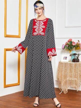 Купить Ethnic Embroidered Plaid Long Dress Elegant Full Sleeve Loose Muslim Arabic Turkey Maxi Dresses Fall moroccan kaftan vestiods