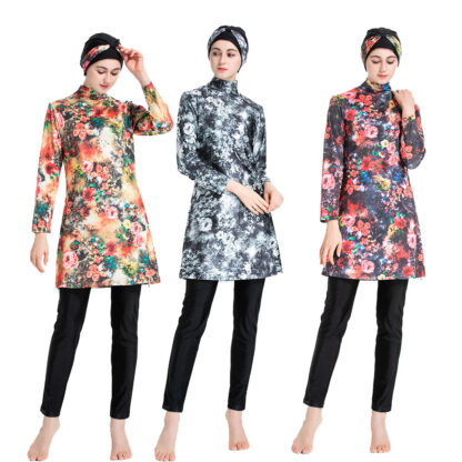 Купить S-4XL Arabic Islamic Women Swim Wear Burkini Muslim Swimwear Hooded Hijab Swimsuit Floral Swim Surf Wear Sport Burkinis 3 Piece