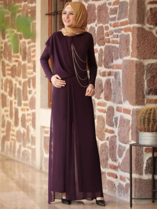 Купить Vintage Muslim Jumpsuit Women Slim Long Sleeve Maxi Overalls Islamic Clothing Chiffon Abayas Dubai Morocaan Kaftan jumpsuits