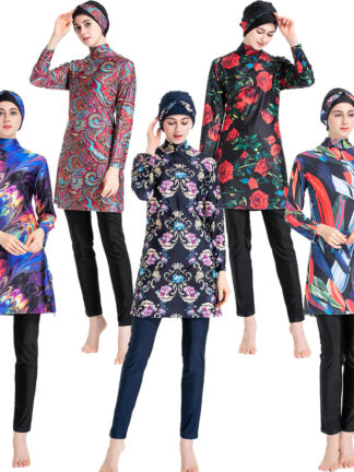 Купить Islamic Women Swimwear Burkini Muslim Hooded Hijab Swimsuit Modest Swim Surf Wear Floral Sport Full Suit for Swimming 3 Piece