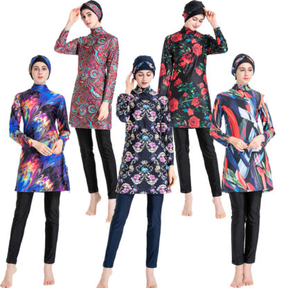 Купить Islamic Women Swimwear Burkini Muslim Hooded Hijab Swimsuit Modest Swim Surf Wear Floral Sport Full Suit for Swimming 3 Piece