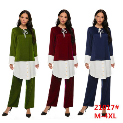 Купить Two Piece Set Blouse and Wide Leg Pants Women Dubai Muslim Abaya Splice Moroccan Kaftan Lady Islam Turkey Islamic Clothing Sets