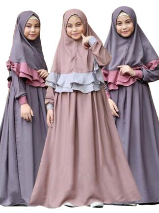 Купить Two Piece Set Muslim Girls Dress Long Hijab Abaya Islamic Kaftan Clothing Arab Prayer Maxi Dress Burqa Khimar Jilbab Robe Gown