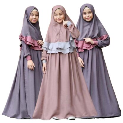 Купить Two Piece Set Muslim Girls Dress Long Hijab Abaya Islamic Kaftan Clothing Arab Prayer Maxi Dress Burqa Khimar Jilbab Robe Gown