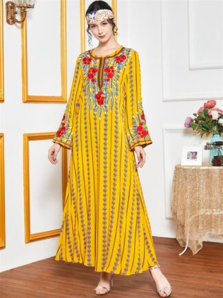 Купить Muslim Plus Size Dress for Women Ethnic Print Embroidery Long Sleeve Dresses Loose Turkey Dubai Arabic Islamic Clothing Kaftan