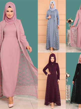 Купить Two-piece Sets Muslim Abaya Dress and Outwear Women Lace Slim Fit Long Sleeve Kimono Caftan Islamic HIjab Dresses Plus Size 5XL
