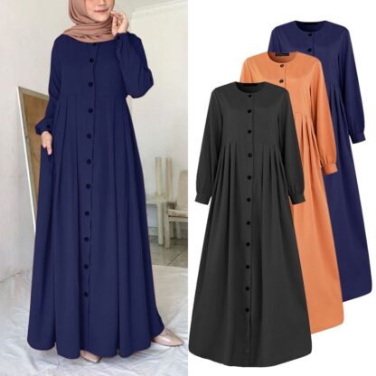 Купить Women Muslim Dubai Abaya Turkey Hijab Dress Turkey Autumn Long Sleeve Buttons Down Sundress Islam Clothing Abayas Maxi Vestidos