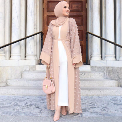 Купить Dubai Muslim Open Abaya Hijab Dress Women Plush Ball Kimono Caftan Lace-up Jubah Islamic Clothing Musulman Marocain Long Robe