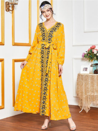 Купить Turkey Muslim Maxi Dress Floral Embroidery Long Sleeve Abaya Loose Plus Size Arabic Islamic Clothing Jubah Moroccan Kaftan Robe