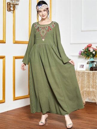 Купить Empire Striped muslim arabic dress Patchwork Embroidery Maxi Dresses Modest Ethnic Long Sleeve Turkey Autumn 2021 moroccan abaya