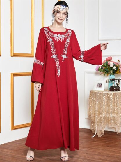 Купить Turkey Muslim Women Abaya Dress Ethnic Embroidered Arabic Maxi Dresses Autumn 2021 Flare Long Sleeve Plus Size Islamic Clothing