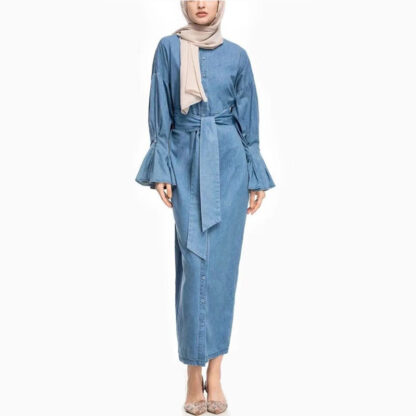 Купить Dubai Muslim Open Abaya Dress Women Lace-up Denim Dresses Butterfly Sleeve Long Robe Caftan Arab Ethnic Islamic Costume Clothing