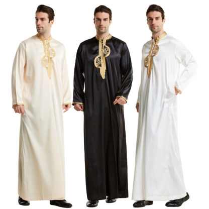 Купить Muslim Men Jubba Thobe Islamic Clothing Stand Collar Kimono Long Robe Saudi Musulman Wear Abaya Caftan Jubah Dubai Arab Dressing