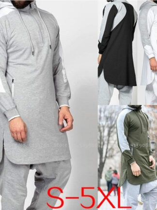 Купить Muslim Men Jubba Thobe Arabic Islamic Pakistan Dubai Kaftan Sports Fitness Gym Long Sleeve Top Saudi Hooded Sweatshirt Jogging