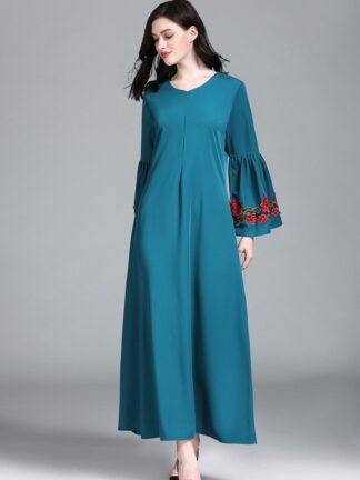 Купить Muslim Embroidery A-line Abaya Dress Women Floral Zipper Flare Sleeve Hijab Dresses Kaftan Turkish Dubai Arab Islamic Clothing