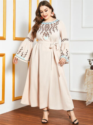 Купить Turkey Arabic Abaya Maxi Dress for Women Plus Size O Ne Flare Sleeve Ethnic Floral Embroidery Loose Muslim Islamic Clothing