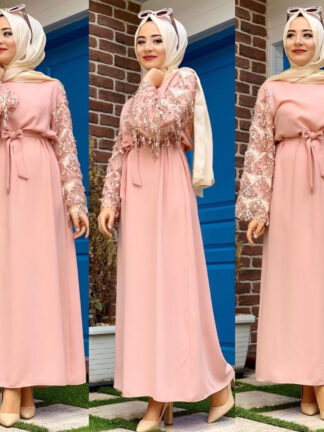 Купить Dubai Arab Muslim Hijab Dress Women Sequin Tassel Lace-up Big Swing Abaya India Moroccan Kaftan Kaftan Robe Islamic Clothing
