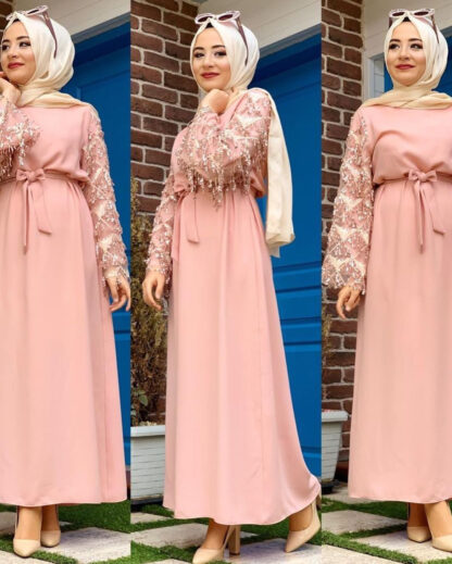 Купить Dubai Arab Muslim Hijab Dress Women Sequin Tassel Lace-up Big Swing Abaya India Moroccan Kaftan Kaftan Robe Islamic Clothing