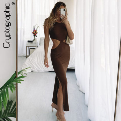 Купить Fashion Elegant Sleeveless Backless Cut Out Women Midi Dress Holiday Beach Summer 2021 High Waist Split Dresses