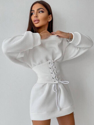 Купить Casual Lace Up Corset Belt Mini Dress Women Outfits Solid Sweatshirt Dresses 2 Piece Sets Autumn 2021 Clothes