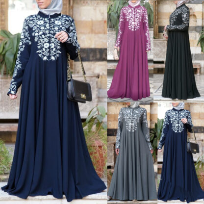 Купить Arab Turkey Muslim Abaya Dress Women Plus Size 5XL Maxi Dresses Stand Collar Floral Print Big Swing Kaftan Robe Islamic Clothing