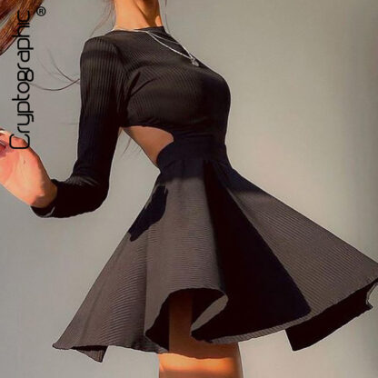 Купить Sexy Backless Cut Out Mini Dress for Women Elegant Fashion Ribbed Knitted Autumn Long Sleeve Pleated Dresses Slim