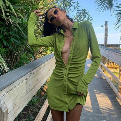 Купить Turn-Down Collar Green Women Shirt Dresses Club Party Long Sleeve Button Mini Dress Holiday 2022 Spring Streetwear