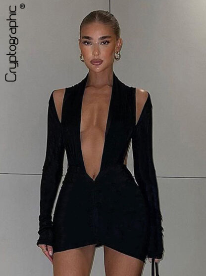 Купить Deep V Neck Long Sleeve Mesh See Through Sexy Backless Mini Dress Women Club Party Elegant Ruched Dresses Clothes