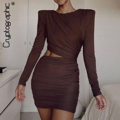 Купить Autumn Sexy Cut Out Mini Dress Women Elegant Fashion Outfits Club Party Ruched Dresses Office Lady Vestido Clothes