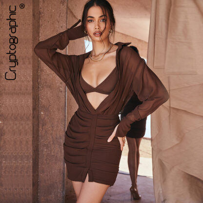 Купить Fashion Chiffon Shirt Dress and Bralette Ruched Draped Backless Long Sleeve Dresses Bodycon Vestidos Autumn 2021