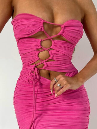 Купить Everlasting Pink Ruched Mesh Strapless Mini Dress Sexy Backless Lace Up Elegant Bodycon Dresses Ruched Club Party