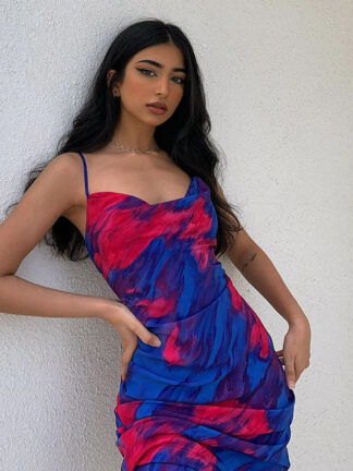 Купить Fashion Print Sleeveless Spaghetti Strap Midi Dress Party Night Club Gown Backless Sundress Elegant Beachwear