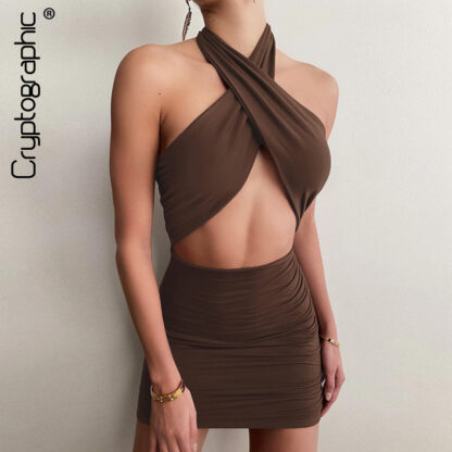Купить Fashion Criss Halter Cut-Out Bandage Sexy Mini Dress Bodycon Sleeveless Summer Bodycon Dresses Ruched Club Party