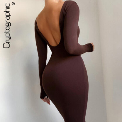 Купить 2021 Spring Sexy Backless Midi Dresses Bodycon Elegant Evening Club Party Birthday Brown Long Sleeve Dress Women