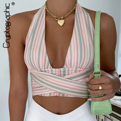 Купить Summer Chic Fashion Striped Sexy Baless Crop Top Women Elegant Sleeveless Halter Bandage Top Cropped Club Partyhigh quality