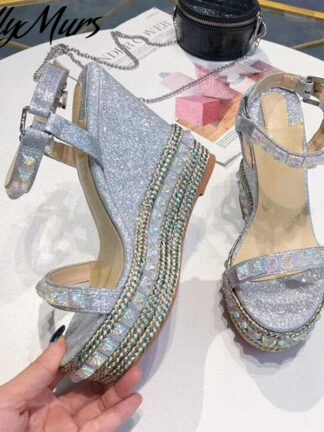 Купить Platform wedge Sandals women rivets studded high heels bling bling string beaded shiny glittery summer shoes