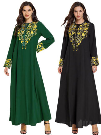 Купить Women Abaya Floral Embroidery Muslim Dress Long Sleeve Big Swing A-line Maxi Dresses Islamc Clothing Dubai Arab Kimono Robes