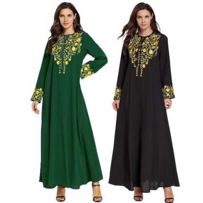 Купить Women Abaya Floral Embroidery Muslim Dress Long Sleeve Big Swing A-line Maxi Dresses Islamc Clothing Dubai Arab Kimono Robes