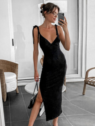 Купить Fashion Bow Straps Summer Sexy Backless Midi Dress Women Elegant Sleeveless Split Dresses Birthday Party Clubwear