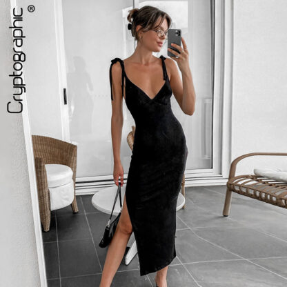 Купить Fashion Bow Straps Summer Sexy Backless Midi Dress Women Elegant Sleeveless Split Dresses Birthday Party Clubwear