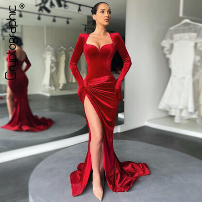 Купить Elegant Gown Long Dress Evening Club Outfits for Women Gloves Sleeve Velvet Sexy Slit Maxi Dresses Ruched Dresses