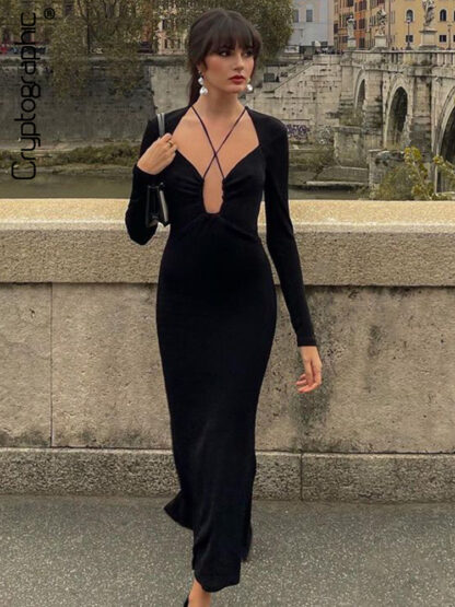 Купить Long Sleeve See Through Halter Maxi Dress for Women Elegant Outfits Club Party Sexy Backless Dresses 2022 Clothes